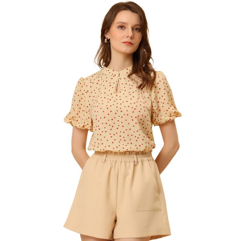 Allegra K Women's Peasant Floral Dotted Stand Collar Puff Sleeve Keyhole Casual Vintage Blouse, 1 of 7
