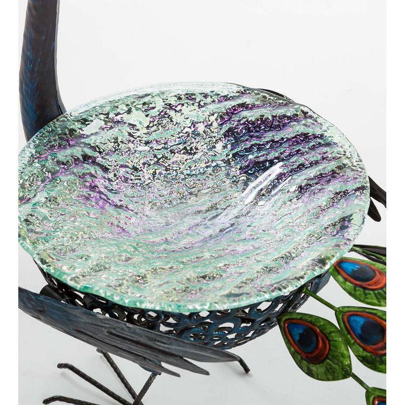 Wind & Weather Vibrant Metal Peacock Birdbath with Glass Bowl, 5 of 10