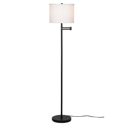 Black Metal Swing Arm Floor Lamp with White Linen Shade