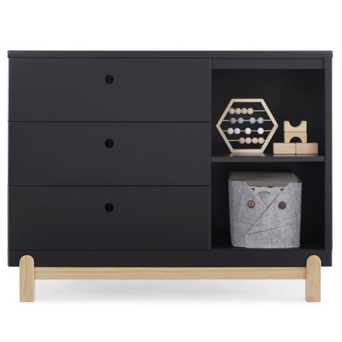 Natural wood chest of drawers with three drawers, black …