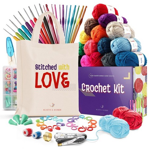 Hearth & Harbor 73 Piece Crochet Kit Crochet Hooks Knitting Needles Yarn Bolls and Tote Bag Set
