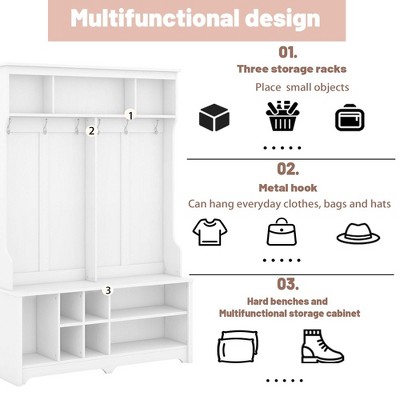 White MDF Hall Tree with Storage Bench and Metal Hooks