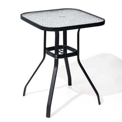 Crestlive Products Outdoor Bar Table with Umbrella Hole Patio Dining Bistro Table with Aluminum Frame Tempered Glass Top Outside Banquet Furniture