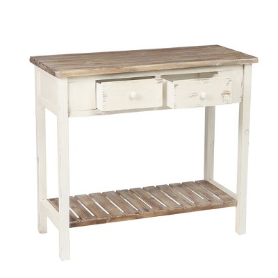 Vintage Distressed White and Natural Wood Console Table with Storage