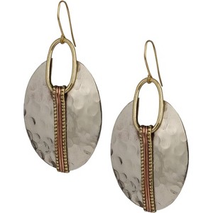 Boho Mixed Metal Earrings: Handmade Hammered Gold, Silver & Copper Dangle Earrings in Oval & Round Shapes - 1 of 4