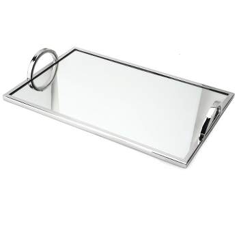 Classic Touch Large Rectangular Mirrored Tray with Chrome Edging and Handles- Silver 