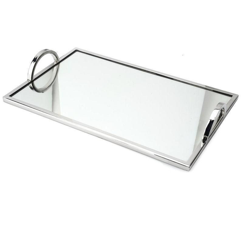 Classic Touch Large Rectangular Mirrored Tray with Chrome Edging and Handles- Silver , 1 of 4