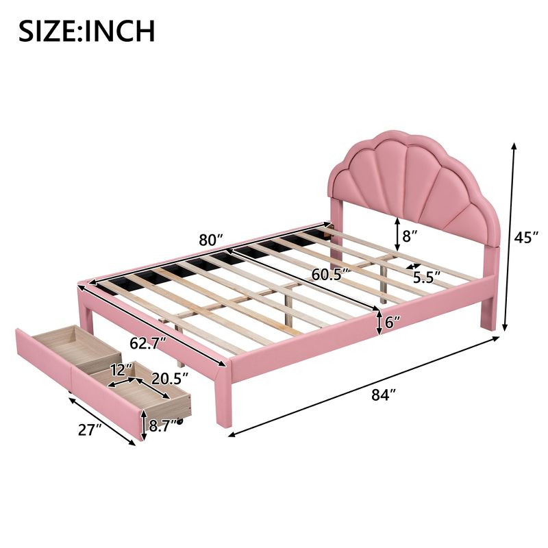 Full/Queen Size Upholstered Platform Bed with Seashell Shaped Headboard, LED and 2 Drawers - ModernLuxe, 3 of 10