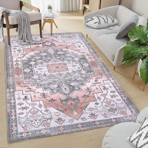 Red Floral Print Rug, Low Pile Indoor Carpet with Non-Slip Backing, Washable & Stain Resistant for Kitchen, Entryway, Living Room - 1 of 4