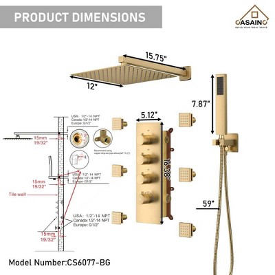 Brushed Gold Thermostatic Wall Mounted Rainfall Shower System with Body Jets