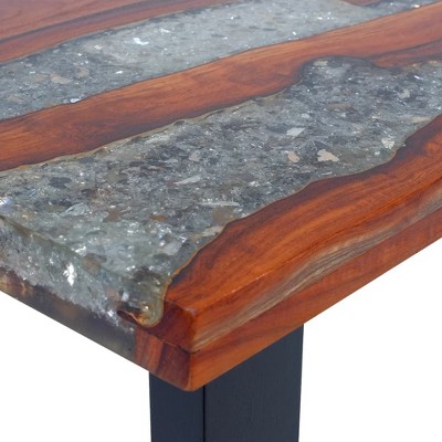 Rustic Teak and Mango Wood Coffee Table with Resin Inlay