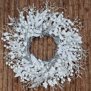 20 Inch Snow Flocked White Berry Winter Wreath with Twig and Leaf Artificial Wreaths for Front Door Porch Wall Window Fireplace - 1 of 4