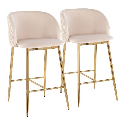 Fran Pleated Waves Gold Metal and White Velvet Counter Stools, Set of 2