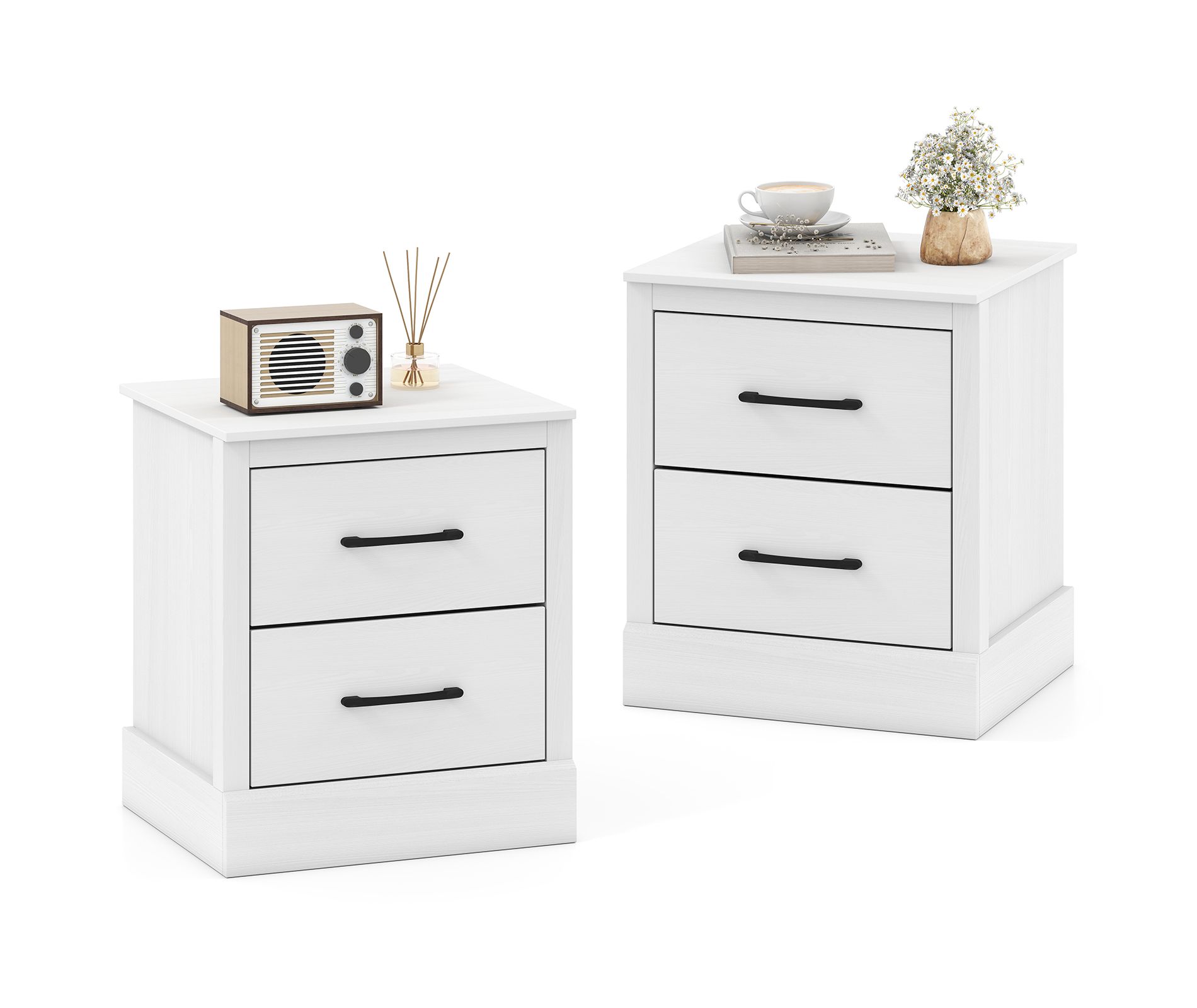 Tangkula Farmhouse Nightstand Set of 2 Wood Bedside Table with 2 Storage Drawers Compact Floor Night Stand End Table White Accent Sofa Side Table