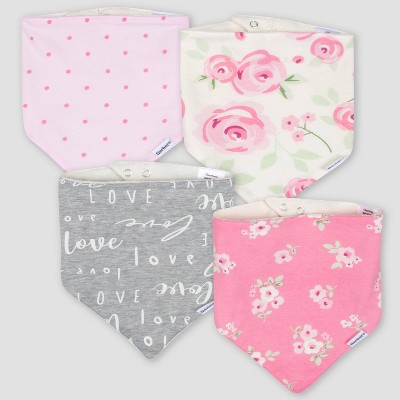 Gerber Baby Girls' 4pk Floral Bandana Bib - Pink/White/Gray