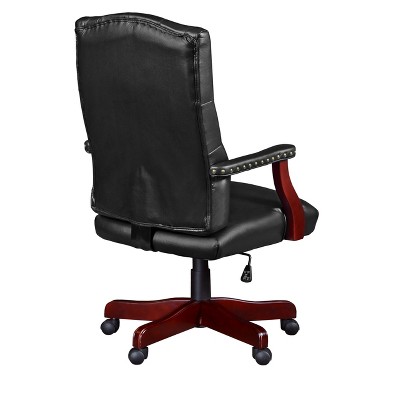 Executive High-Back Black Leather Swivel Chair with Mahogany Frame