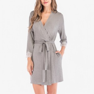 Anna-Kaci Women's Long Sleeve Wrap Robe with Lace Trim and Waist Tie - 1 of 4