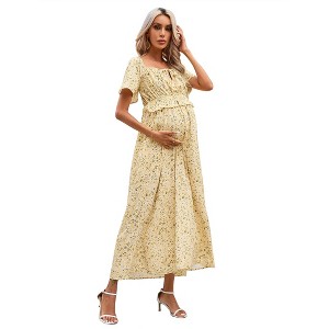 Coolmee Womens Maternity Casual Summer Maxi Dress Square Neck Short Sleeve Boho Floral Print Tie Front Long Dress - 1 of 4