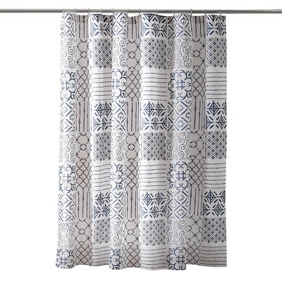 Blue and White Geometric Patchwork Fabric Shower Curtain with Liner