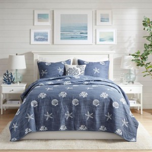 Sapphtopaz Bedding Comforter Set Quilt Set Cotton Reversible Wave Starfish and Seashell Embroidered Quilt 4 Piece - 1 of 4