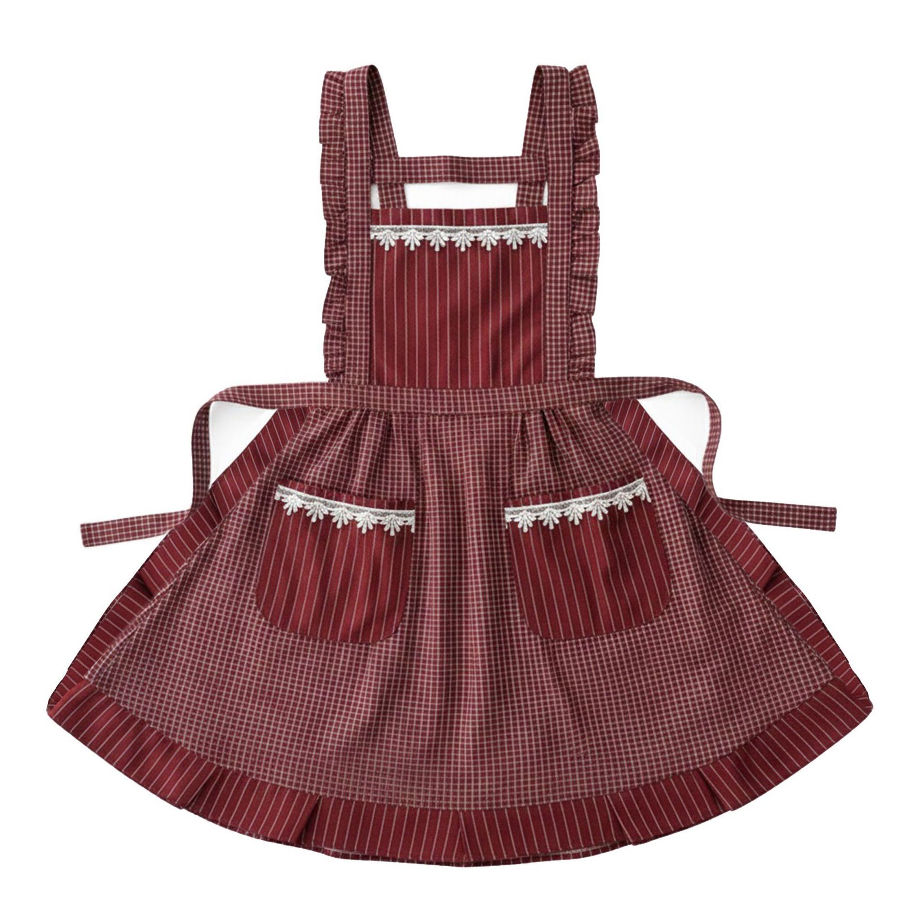 Alilang Lace Trim Check and Stripe Kitchen Apron with Ruffle Strap Bib Dual Front Pockets and Adjustable Waist Ties