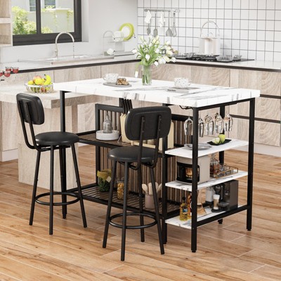 Hooseng Kitchen Island with Storage and Seating, Storage Small Dining Table, Bistro Table and Chairs Set of 2 with5 Shelves with PU Stools, White
