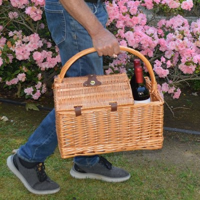 Natural Willow Picnic Basket with Two Person Set and Bottle Carrier