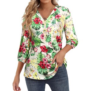 Nlife Women's Casual V Neck Floral Print 3/4 Length Sleeve Blouses Tropical Hawaiian Shirt Tops - 1 of 4