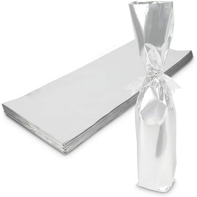 Sparkle and Bash 100 Pack Metallic Silver Foil Gift Wrapping Bags for Wine Bottles, 6.25 x 17.5 in