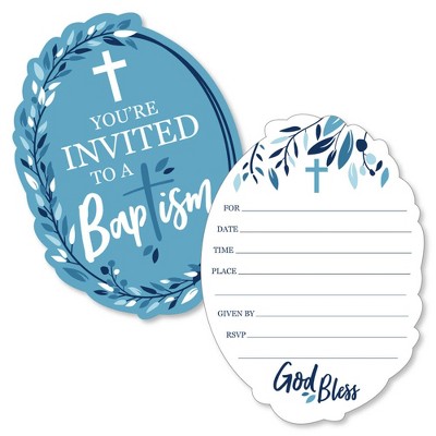 Big Dot of Happiness Baptism Blue Elegant Cross - Shaped Fill-in Invitations - Boy Religious Party Invitation Cards with Envelopes - Set of 12