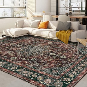 Area Rugs: Washable Non-Slip Floral Vintage Carpet, Foldable Low Pile Stain Resistant Rugs for Hallway, Living Room, Bedroom, Home, Camel - 1 of 4