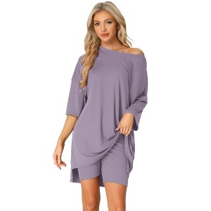 cheibear Women's Knit Loose Fit T-Shirt with Biker Shorts Lounge Sleepwear Pajama Sets - 1 of 4