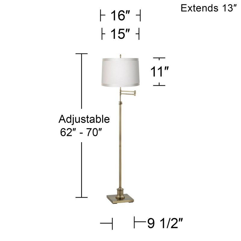 360 Lighting Swing Arm Floor Lamp Adjustable Height 70" Tall Antique Brass Off White Ribbon Trimmed Fabric Drum Shade Living Room Bedroom, 4 of 5