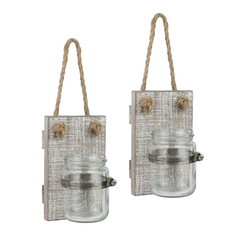 Set of 2 3.3&#34; x 5.5&#34; Rustic Wooden Mason Jar Wall Sconce Set Worn White/Brown - Stonebriar Collection, 1 of 9
