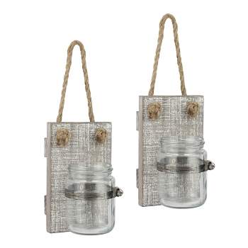 Set of 2 3.3" x 5.5" Rustic Wooden Mason Jar Wall Sconce Set Worn White/Brown - Stonebriar Collection