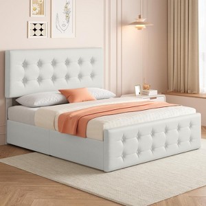 Full Size Bed Frame with 4 Storage Drawers and Headboard, Linen Upholstered Platform Bed Frame with Wooden Slats Support, Button Tufted Design, Grey - 1 of 4