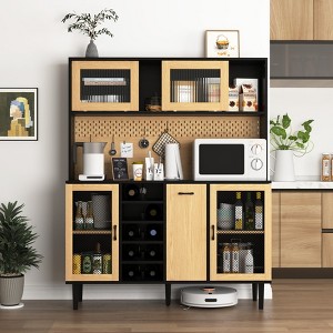 MAYEERTY 59" H Buffet Sideboard with Storage Door & Power Outlet, Farmhouse Coffee Bar with Wine Rack, Black&Natural - 1 of 4