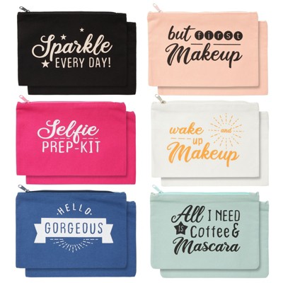 Glamlily 12 Pack Canvas Cosmetic Bags with Zippers for Women, Travel Makeup Pouches, 6 Designs, 8 x 6 In