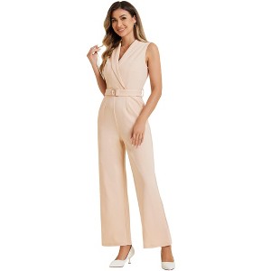 INSPIRE CHIC Women's Casual Sleeveless Shawl Collar Office Belted Cropped Jumpsuit - 1 of 4