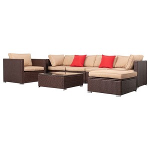 Brown 7-Piece Wicker Outdoor Sectional Set with Cushions - 1 of 4