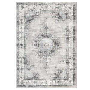 2 x 6 ft Polyester Grey Rectangular Laundry Bathroom Kitchen Floral Medallion Vintage Machine Washable Runner Rug - 1 of 4