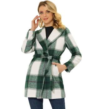 Allegra K Women's Shawl Collar Check Belted Wrap Plaid Coat with Pockets
