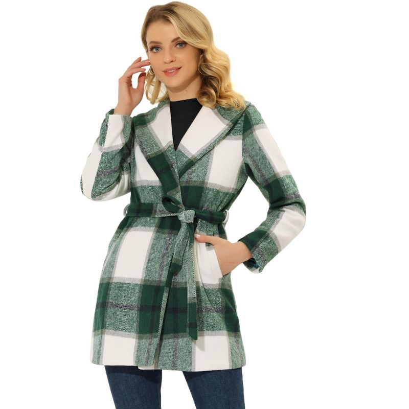Allegra K Women's Shawl Collar Check Belted Wrap Plaid Coat with Pockets, 1 of 6