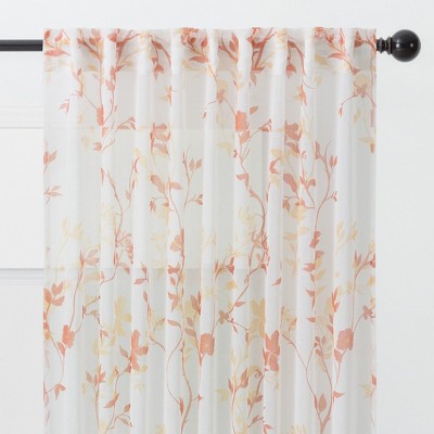 Orange Floral Sheer Polyester Window Curtain Panels, 52" x 108"
