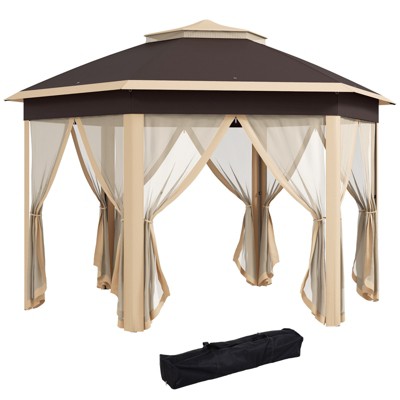 VisioGear 13'*13' Pop Up Gazebo, Hexagonal Canopy Shelter with 6 Zippered Mesh Netting for Garden, Wedding, Party, Beige, 159.6"*111.6"*159.6"