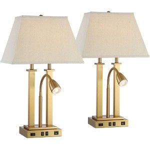 Possini Euro Design Deacon 26" High Traditional Desk Lamps Set of 2 USB Port AC Power Outlet Gooseneck Gold Brass Finish Metal Home Office Charging - 1 of 4