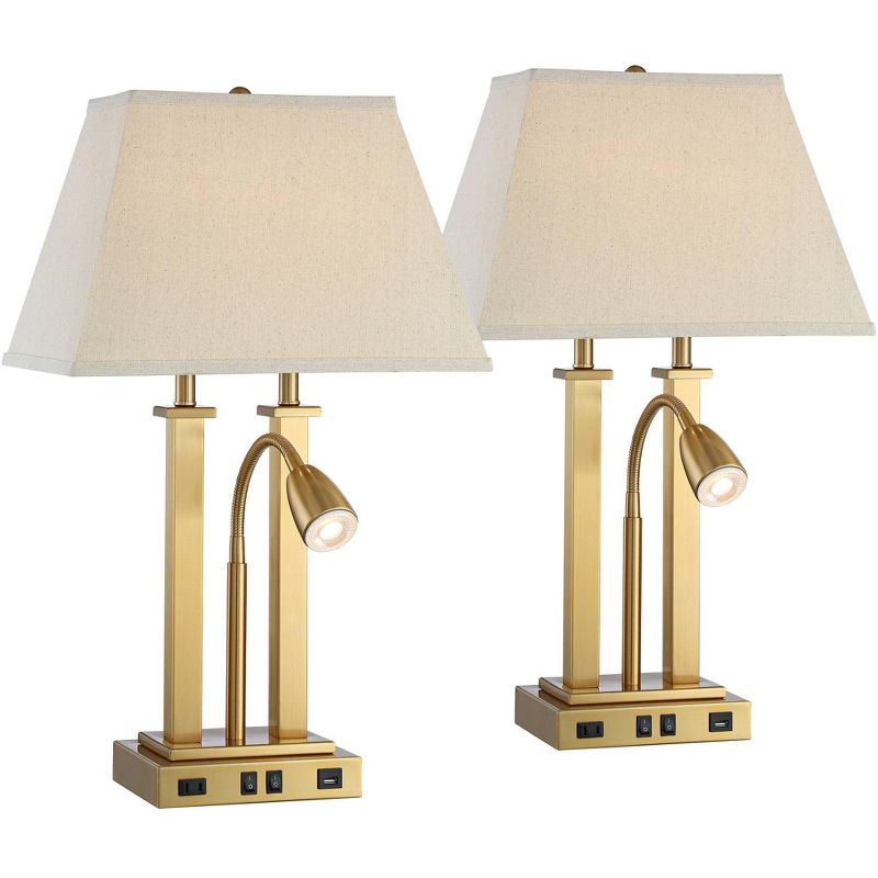 Possini Euro Design Deacon 26" High Traditional Desk Lamps Set of 2 USB Port AC Power Outlet Gooseneck Gold Brass Finish Metal Home Office Charging, 1 of 10