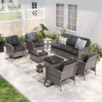 Sonkuki 8 Pieces Patio Sofa with Swivel Rocking Chairs Set, All-Weather PE Rattan Conversation Couch with Cushion