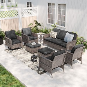 Sonkuki 8 Pieces Patio Sofa with Swivel Rocking Chairs Set, All-Weather PE Rattan Conversation Couch with Cushion - 1 of 4