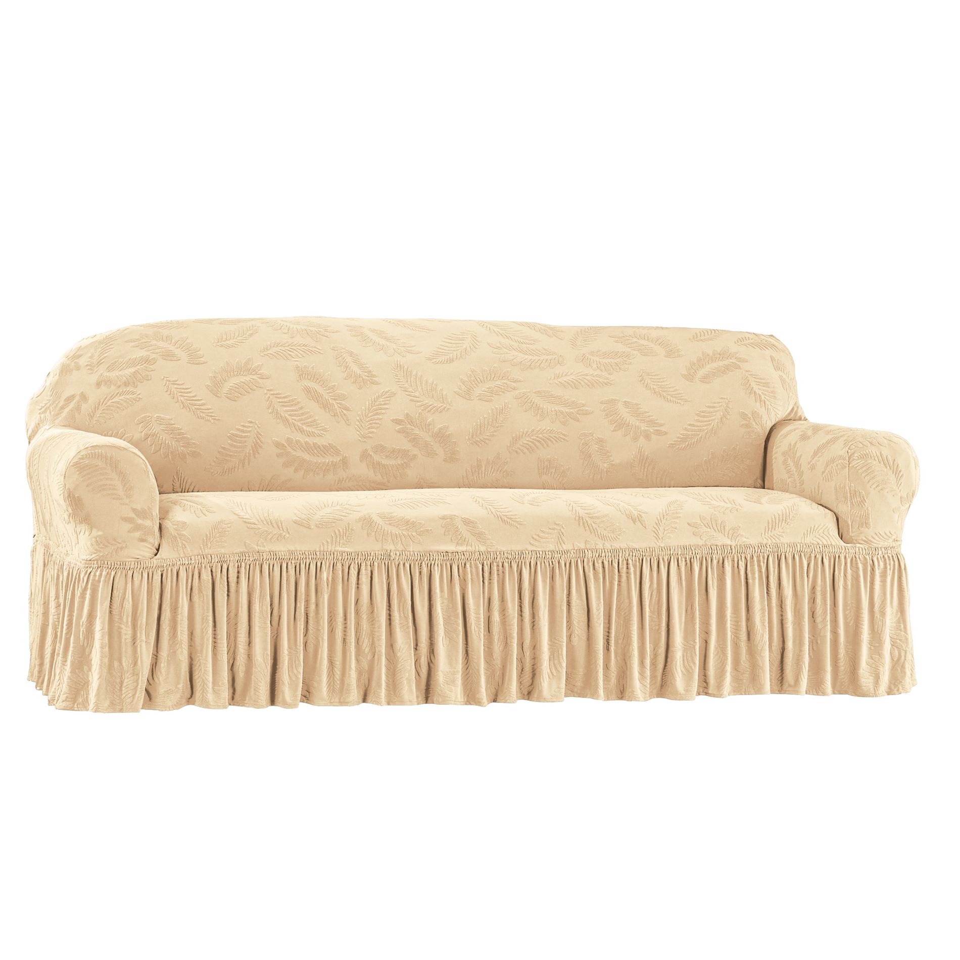 Collections Etc Leaf Design Ruffle Border Stretch Furniture Cover Sofa Cream